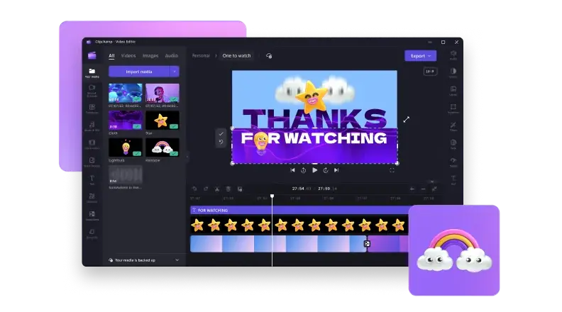 Nástroje pro úpravu videa v Clipchampu s roztomilým videem hvězd, mraků a duh s roztomilými kreslenými obličeji