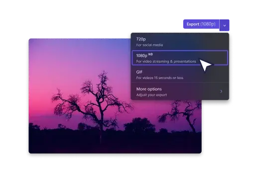 Možnosti exportu v Clipchampu pro video se západem slunce v krajině
