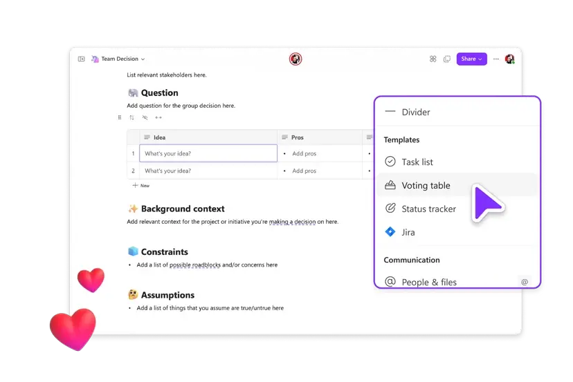 Menu Inserisci in Microsoft Loop con puntatore posizionato sulla tabella di votazione