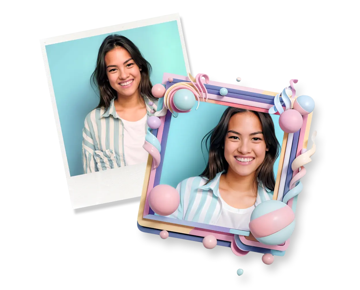 Dimostrazione della foto di una donna sorridente prima e dopo l'aggiunta di un bordo decorativo all'immagine.